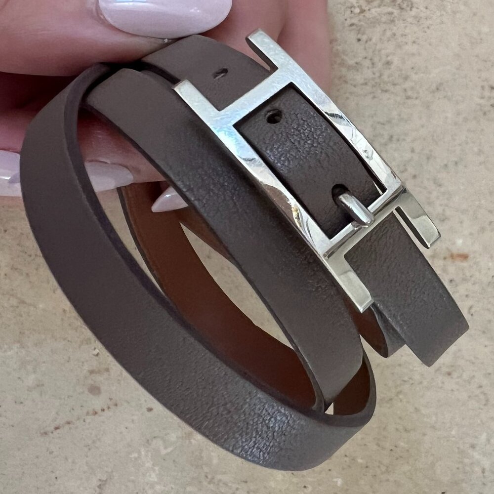 Hermes Behapi Triple Tour - silver tone and leather wrap bracelet